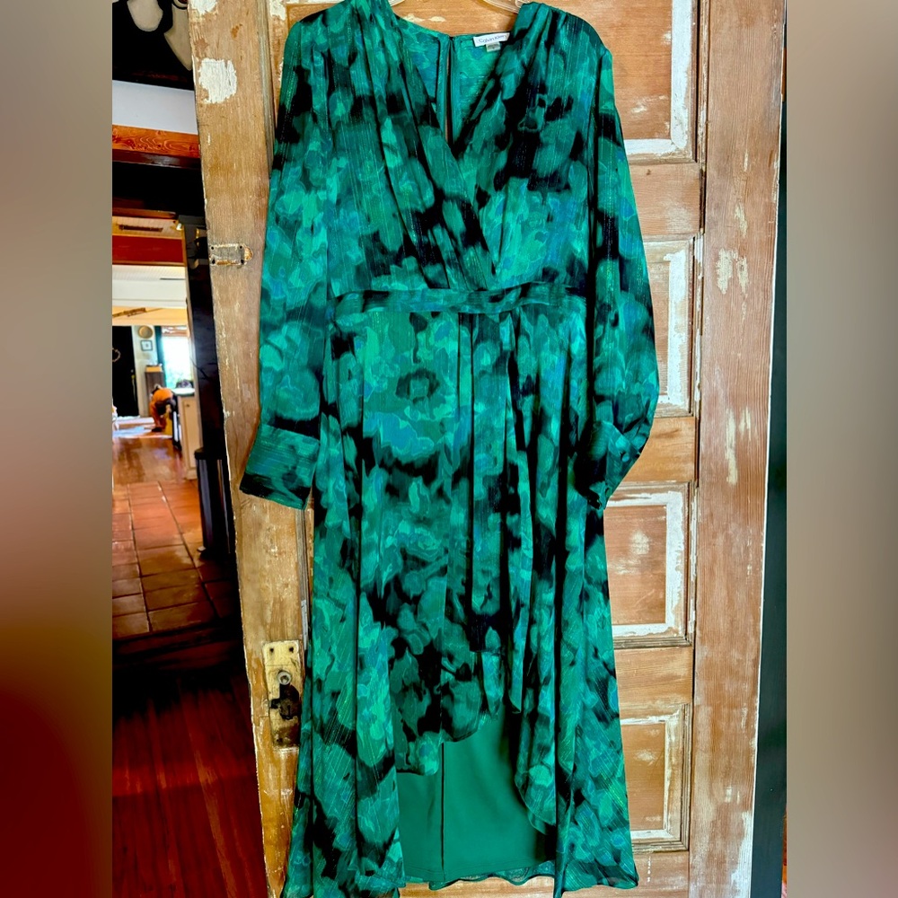 Green Calvin Klein dress with slip and gold thread